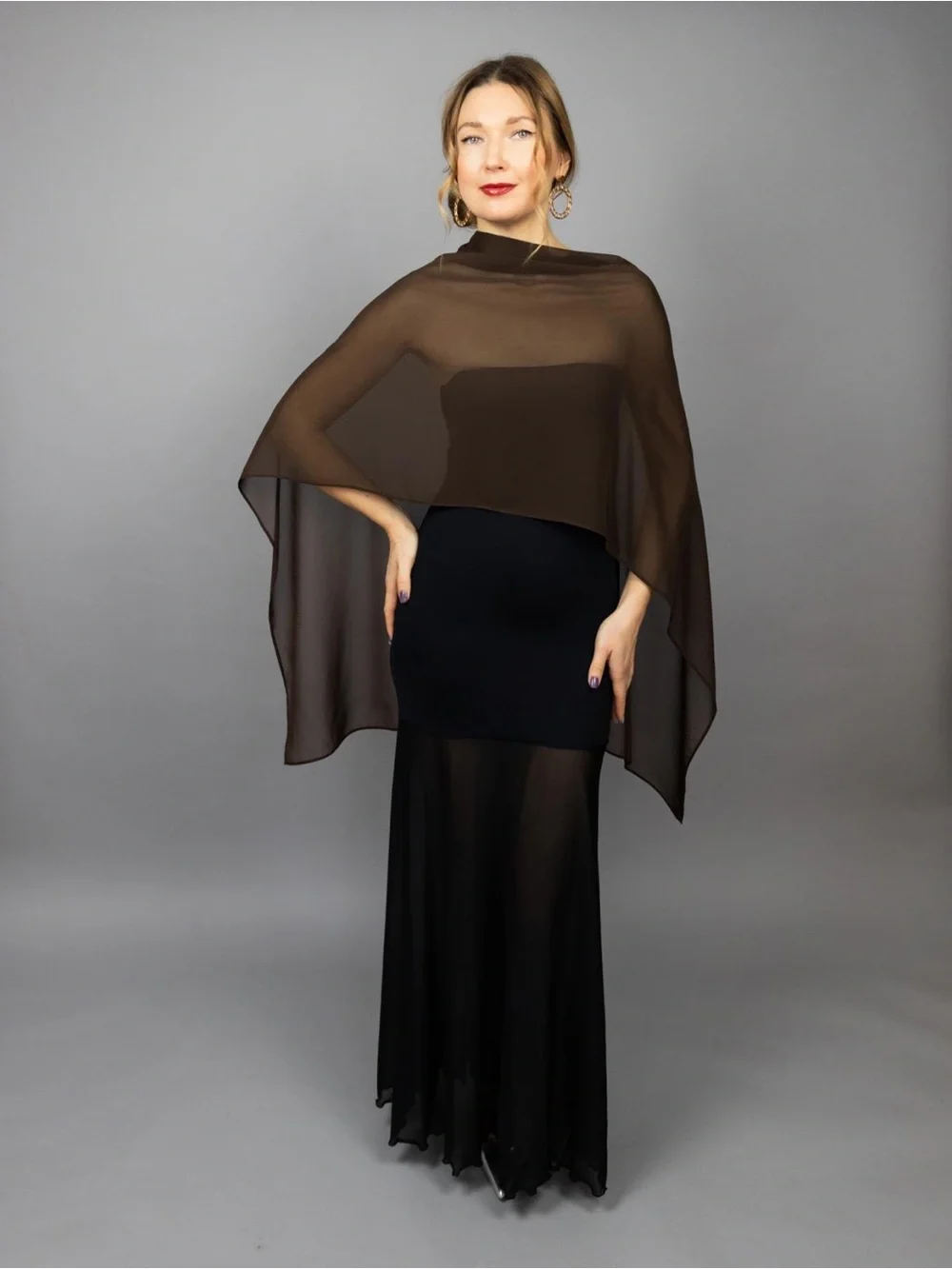 Brown shrug Greek style sheer wrap scarf
